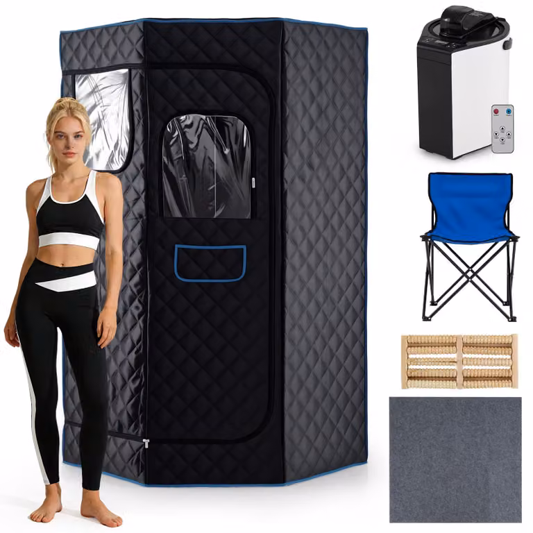 COSTWAY, sauna a vapore da 3 litri, sauna domestica a 9 livelli, tenda per sauna con timer, cabina sauna per tutto il corpo con generatore di vapore da 3 litri, massaggiatore per i piedi in legno e sedia pieghevole, colore nero