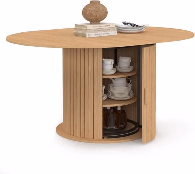 IDMarket - JULIETTE Tavolo da pranzo rotondo allungabile per 4-8 persone con gambe a doghe e contenitore 110-150 cm