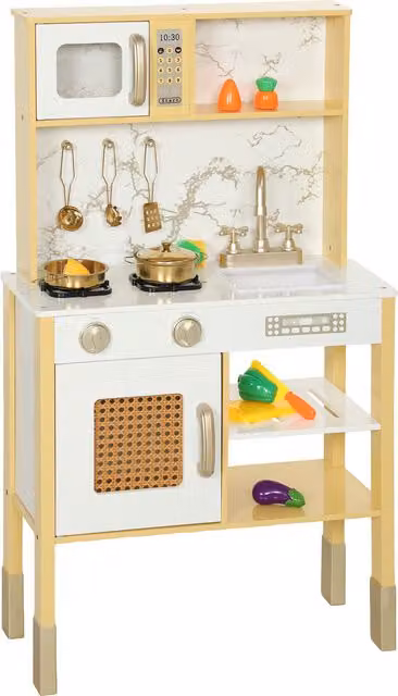 Cucina Giocattolo in Legno e Acciaio Inox AIYAPLAY con Suoni e Accessori, Colore Oro