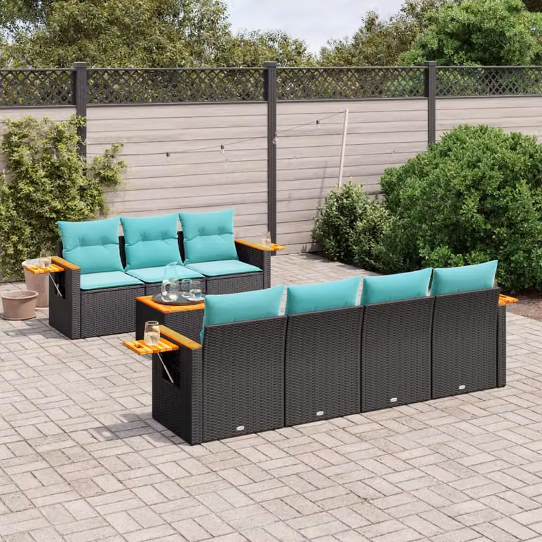 vidaXL Set Divani da Giardino 8 pz in Polyrattan Nero con Cuscini e Tavolino da Esterno