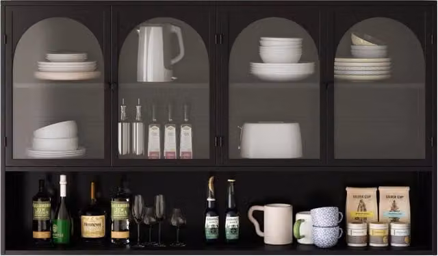 Armadietto pensile con 4 ante in vetro grigio, per cucina soggiorno e bagno, metallo nero, 120 × 23 × 70 cm