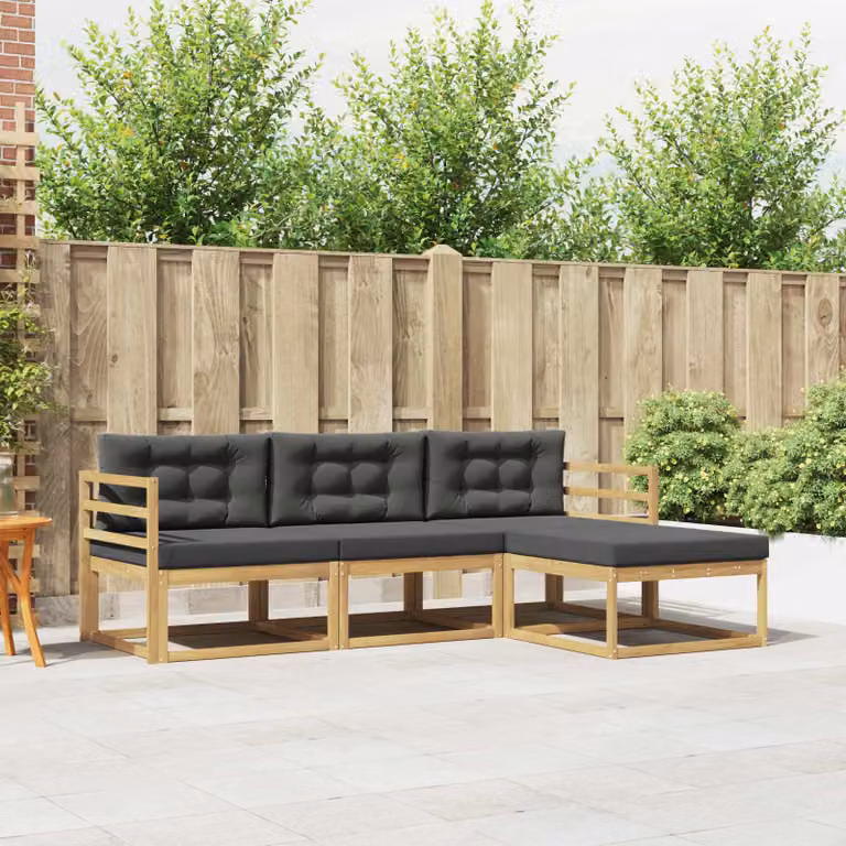 vidaXL Set di divani da esterno a L in legno di acacia con pouf, bianco, antracite e marrone