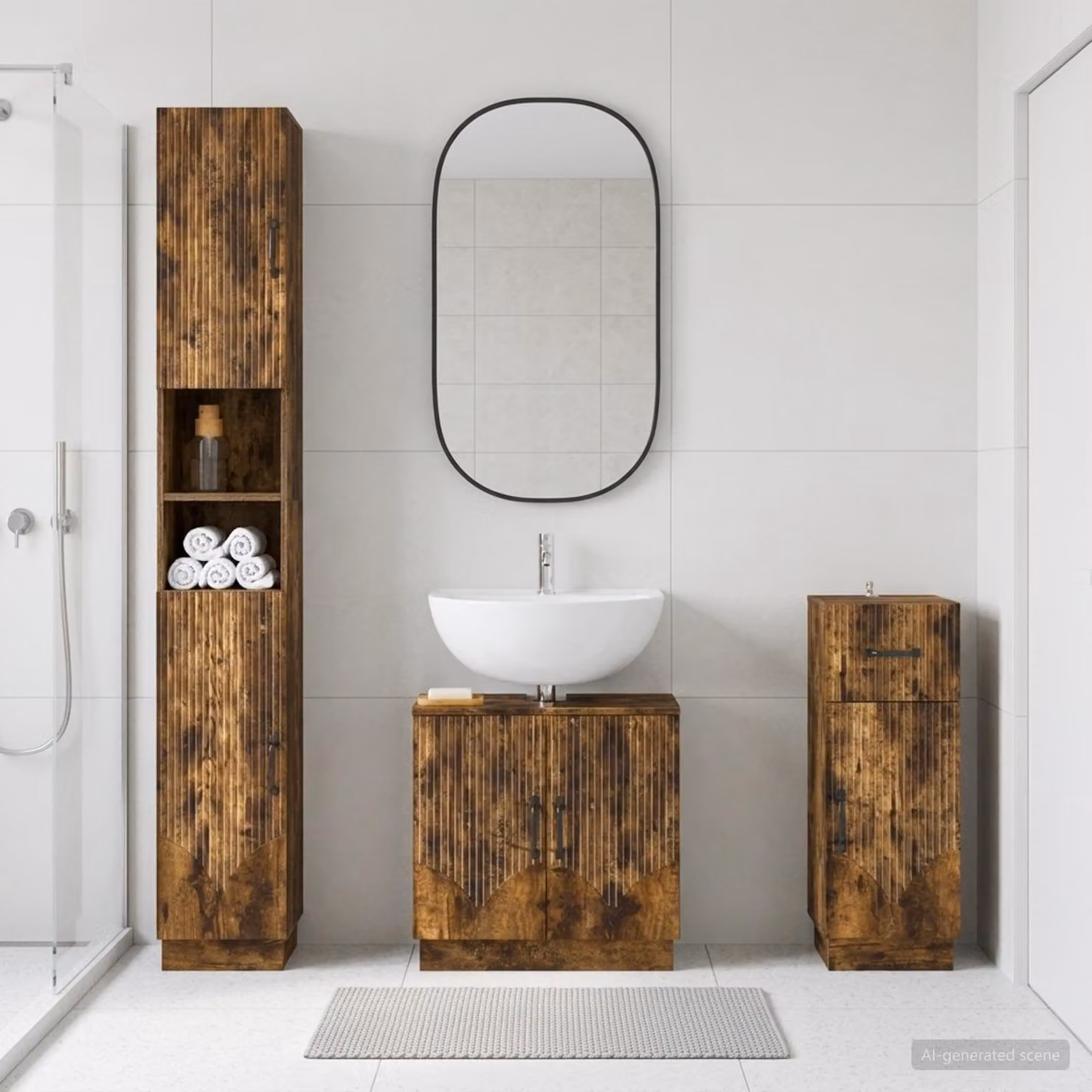 Set di 3 armadietti da bagno vidaXL HOORN in legno Rovere Fumo marrone, con armadio alto e armadietti laterali, stile rustico