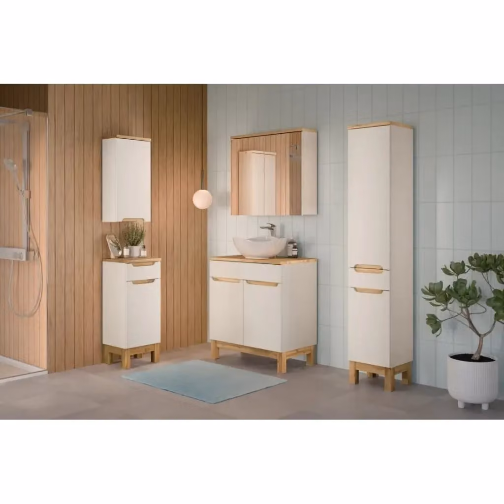 Set mobile bagno ERMANO beige con lavabo da appoggio, mobili sospesi e specchio Meublorama L: 150 cm – 2