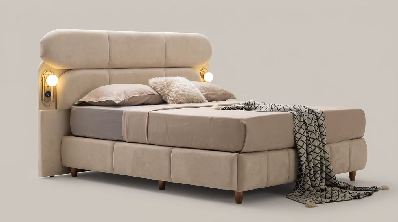 Letto con testiera, confortevole, elegante, beige, spazioso, imbottito, con illuminazione a LED e porta USB