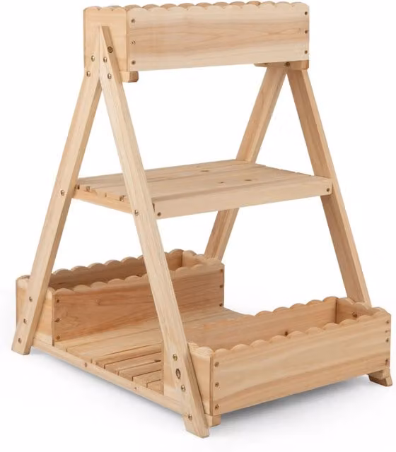 Orto rialzato da giardino DESIGN IN a 3 livelli in legno massello marrone con 3 vasi e 2 ripiani, fioriera con sistema di ventilazione e drenaggio per orto e piante ornamentali