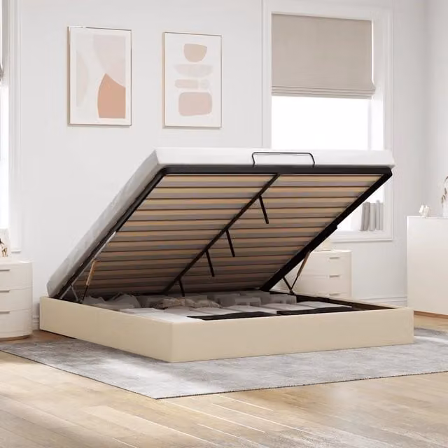 Struttura Letto Pouf senza Materasso-Giroletto con contenitore Crema 200x200cm in Tessuto