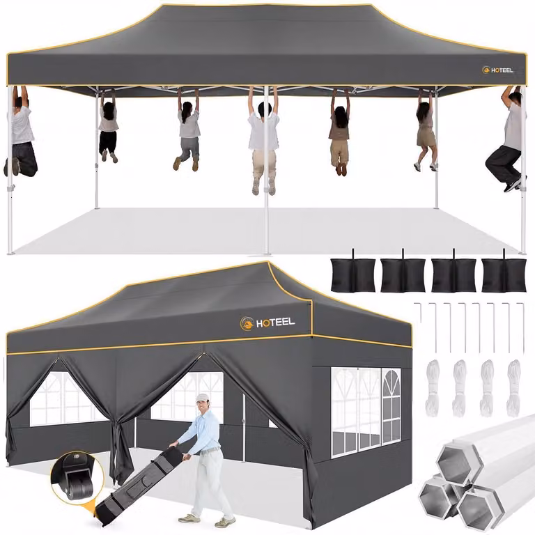 Gazebo da esterno 3x6 metri, grigio, impermeabile, con struttura esagonale stabile, dotato di 6 pannelli laterali con ruote