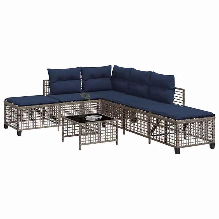 Set da giardino angolare vidaXL a 3 pezzi in polyrattan grigio con cuscini blu per esterni