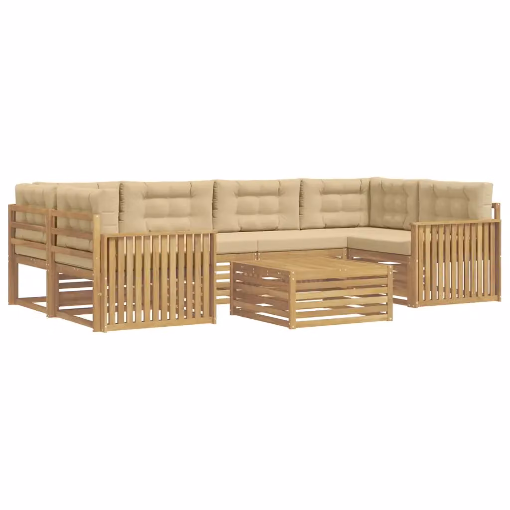 Set di divani da esterno a forma di U vidaXL in legno di acacia con tavolo da caffè, 7 pezzi, Bianco e Beige – 2