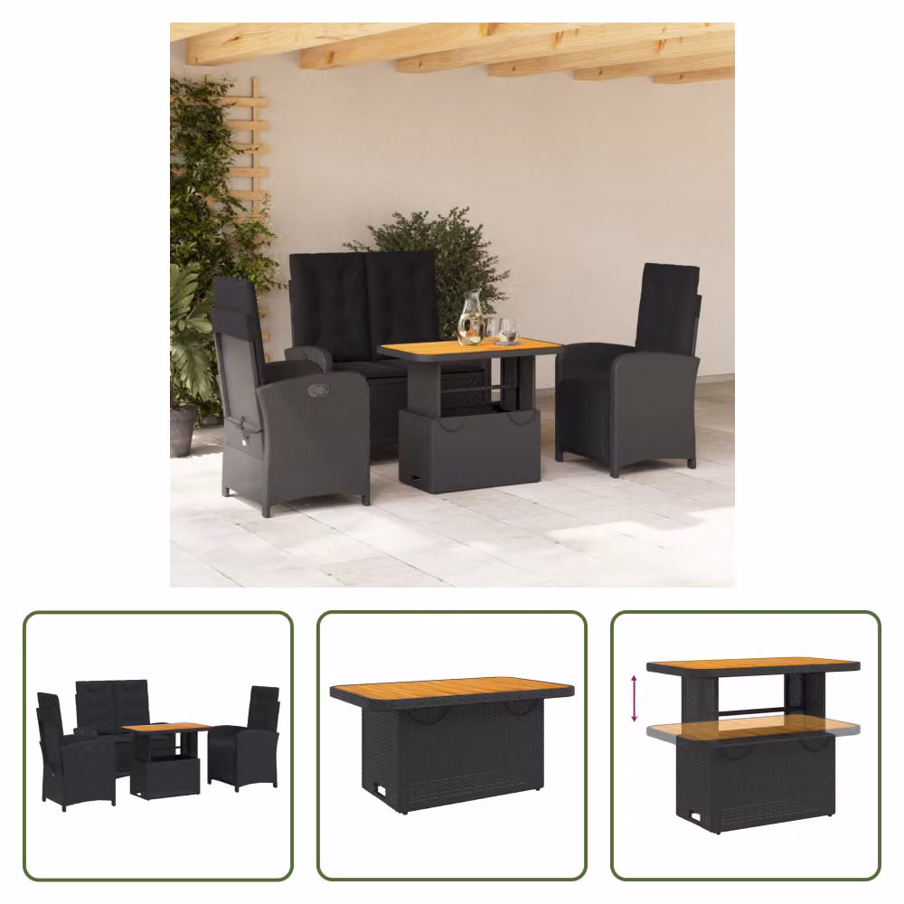 The Living Store Set da pranzo da giardino 4 pezzi con cuscini in poly rattan nero