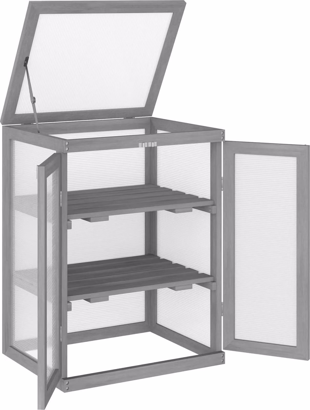 Serra Moonbite Mini, dimensioni 58 x 44 x 78 cm, serra a semenzaio a 3 livelli con 2 porte doppie, tetto pieghevole, peso di 15 kg per ripiano, realizzata in legno e policarbonato, colore grigio scuro