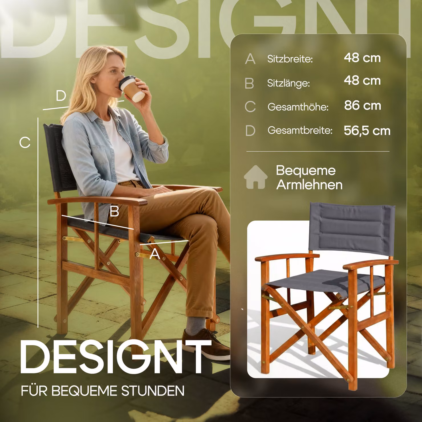 Set da 2 sedie da regista CASARIA in legno di eucalipto certificato FSC oliato, colore antracite, imbottite per esterno – 4