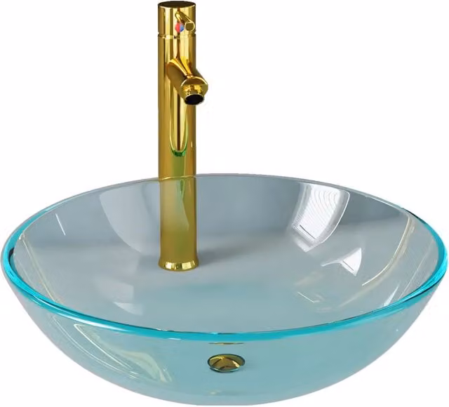 Lavandino da appoggio rotondo in vetro temperato trasparente con rubinetto e piletta a pressione color oro DESIGN IN CFW1859305