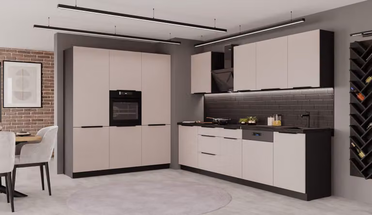 Cucina ARONA 280 + 180 cm Cucina a vista Cucina componibile Cucina componibile Cashmere beige opaco + Nero opaco