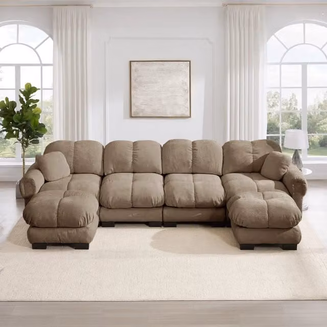Divano panoramico a U Mivray da 4 posti in tessuto marrone con pouf coordinati e design moderno reversibile
