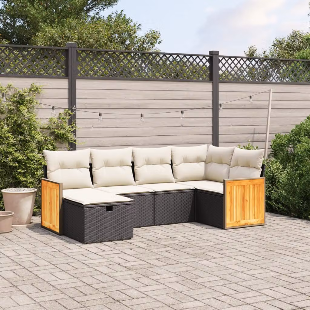 Set Divano da Giardino vidaXL 6 pz a Forma a L con Cuscini Nero e Bianco in Polyrattan e Acciaio – 1