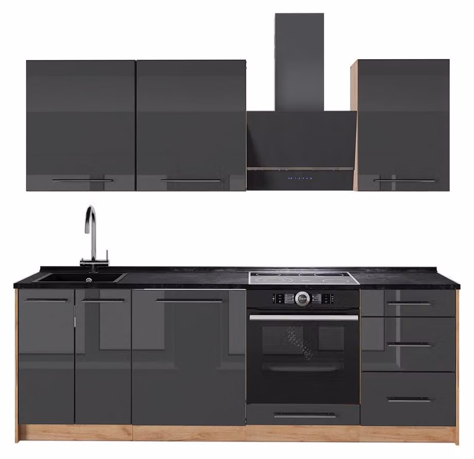 Cucina componibile Vicco Fame-Line Antracite lucido/Rovere dorato 230 cm, PL Antracite, Model 63978