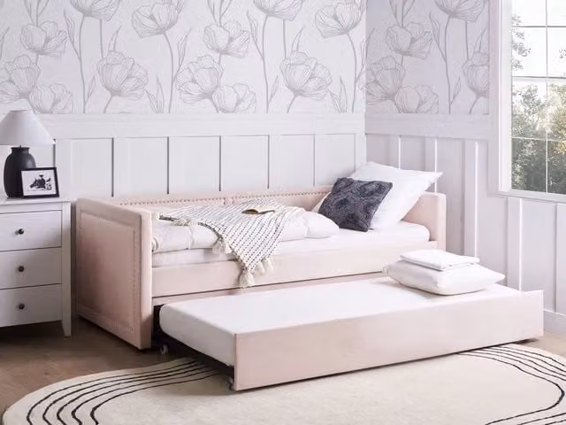Letto da giorno estraibile BELIANI in velluto a coste rosa, con rete a doghe e testiera decorata, L/P/H: 216 x 90 x 184 cm