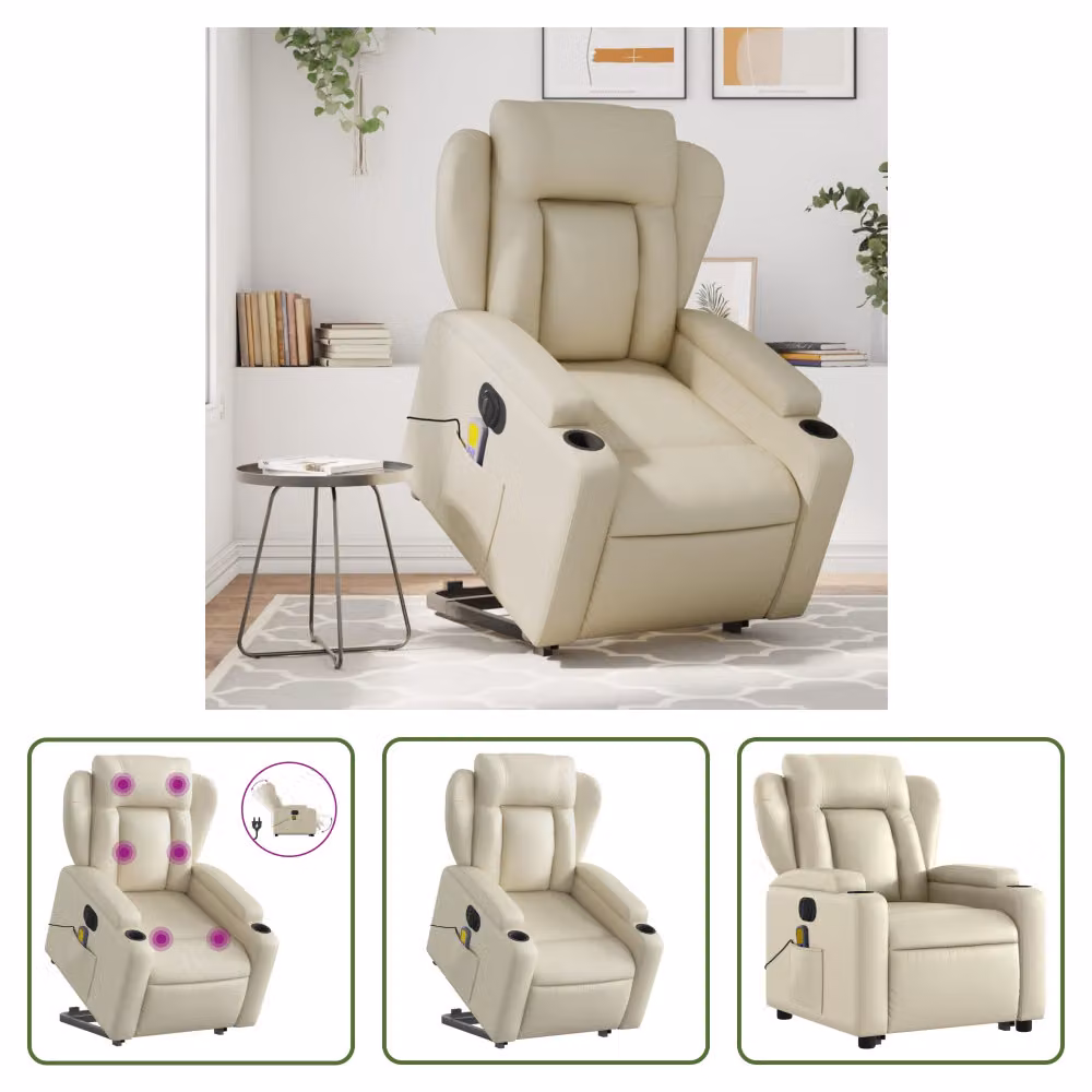The Living Store Poltrona massaggiante con ausilio elettrico in ecopelle crema