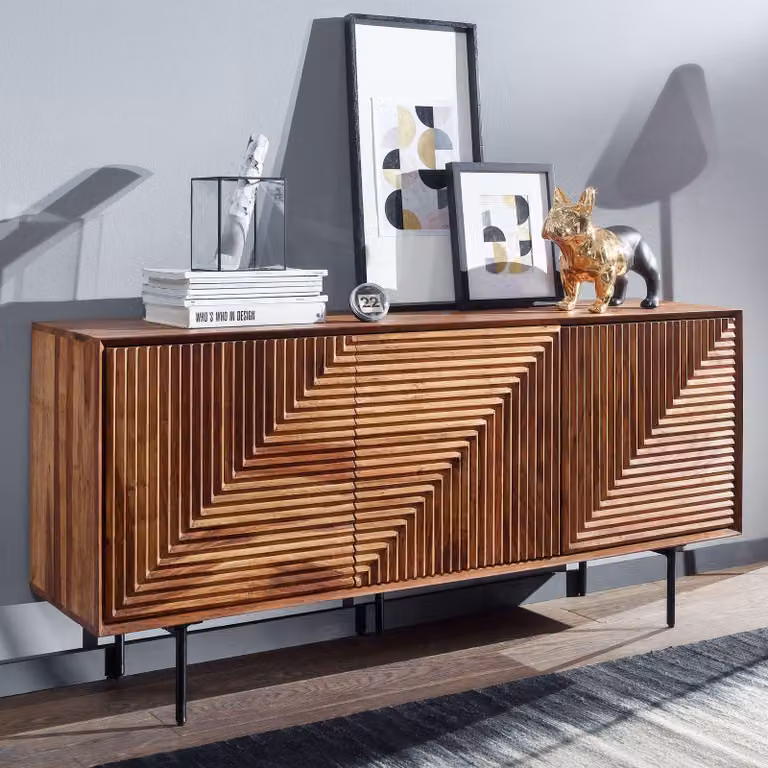 FineBuy Credenza in legno massiccio di Sheesham da 150 cm con 3 ante - Credenza solida e retrò con intaglio - Credenza naturale di design - Realizzata a mano - Industrial