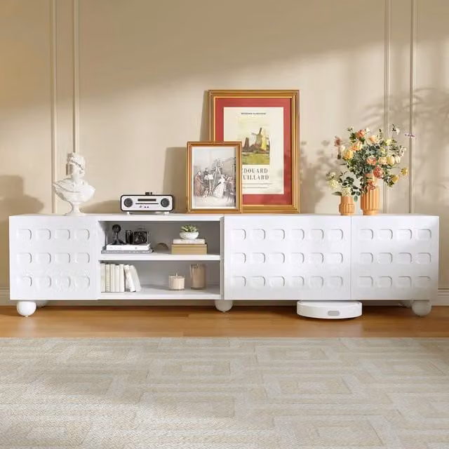 Mobile TV WISHDOR bianco con 3 ante e vano semichiuso, adatto a TV fino a 80 pollici, L/P/H: 200 x 40 x 44 cm
