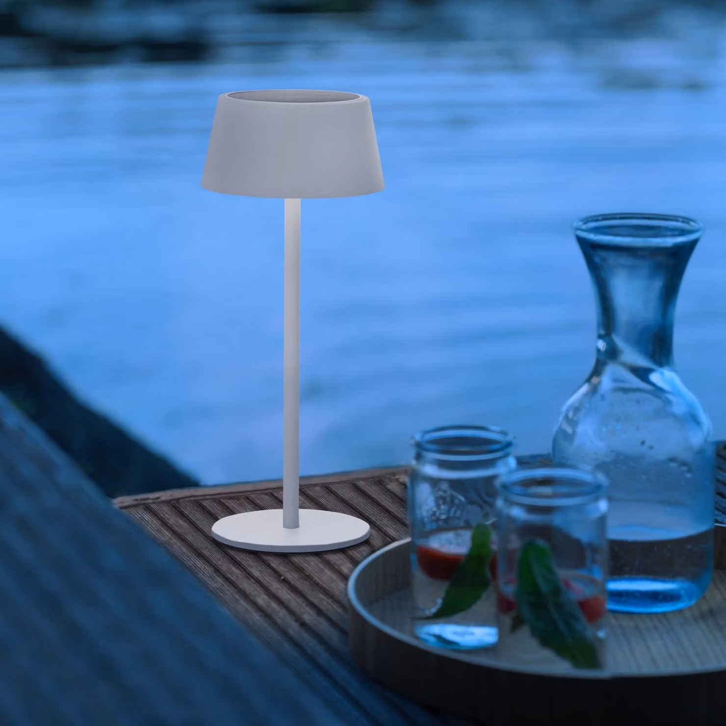 Lampada da tavolo a LED per esterni, solare, dimmer a 3 livelli, 30cm, Ø13cm, 300lm, bianco