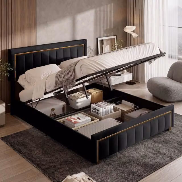 Letto matrimoniale 140x200 cm con contenitore idraulico testiera a righe verticali rete a doghe velluto bordo oro - nero