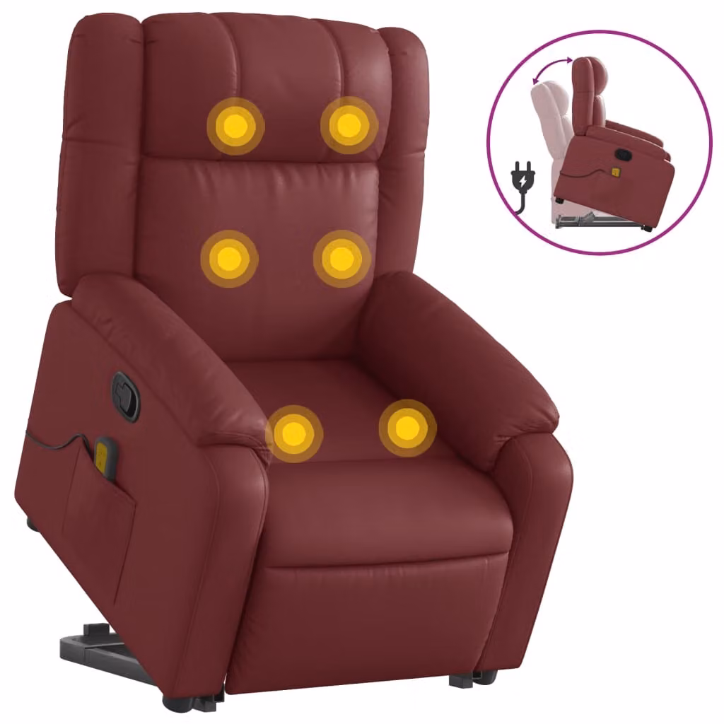 Poltrona Alzapersone Massaggi Reclinabile Rosso Vino Pelle finta