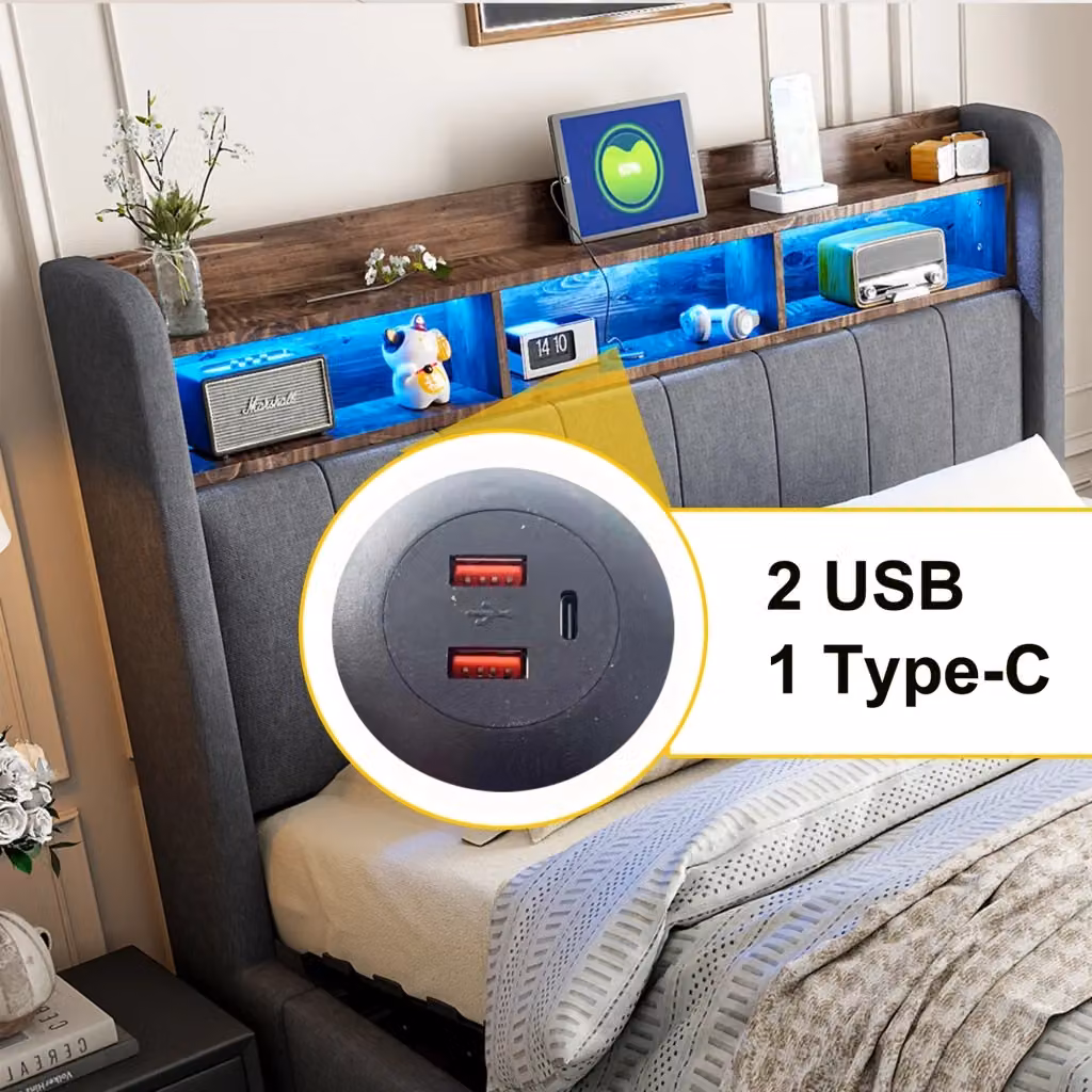 Letto Imbottito REDOM Grigio con Vano Contenitore, Illuminazione LED e Porte USB, L/P: 160 x 200 cm – 2