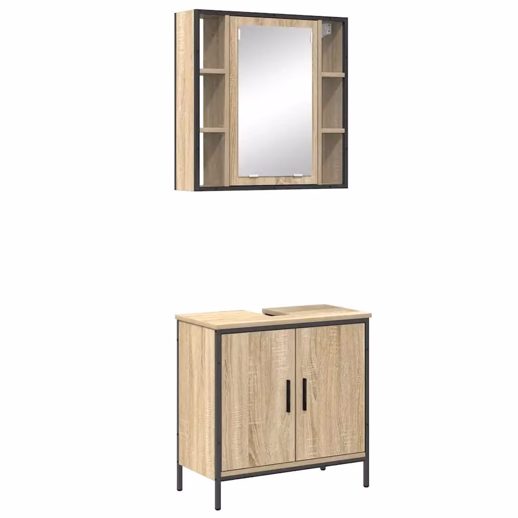 Set di mobili per bagno moderno vidaXL composto da mobile sottolavabo e armadietto con specchio in legno e metallo marrone e nero L/P/H: 60 x 30 x 60 cm – 2