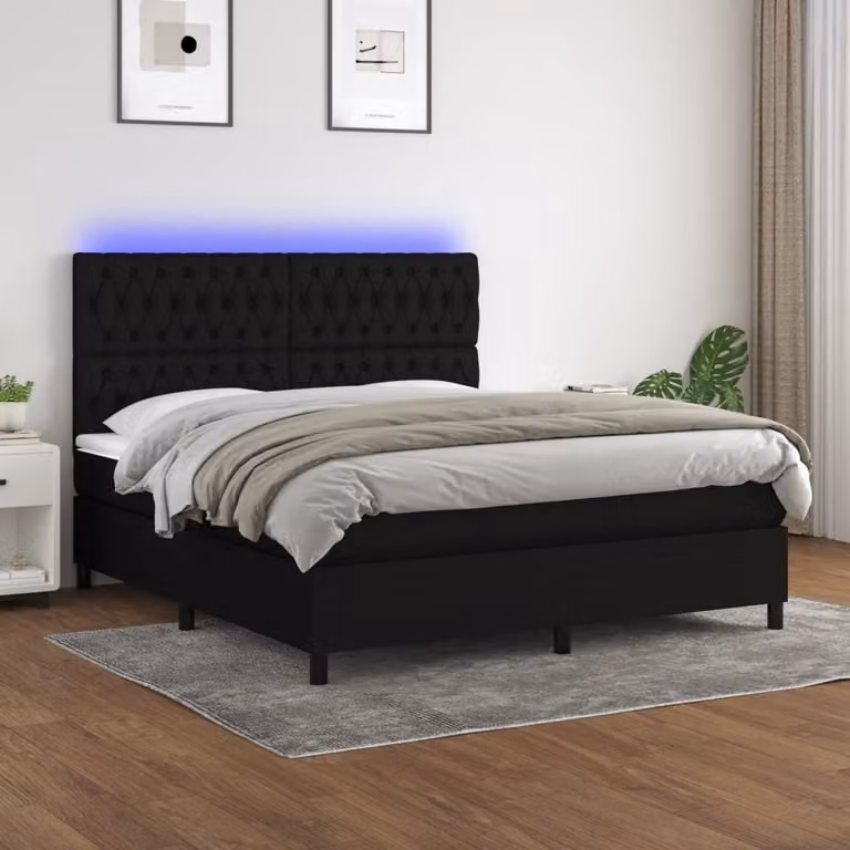 The Living Store Letto a molle con materasso e LED nero 160x200 cm in tessuto