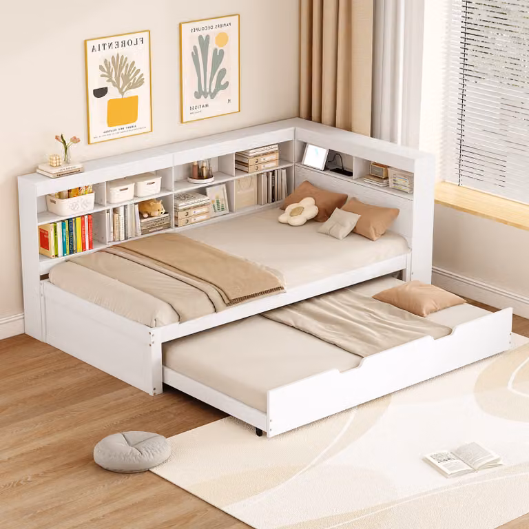 Divano letto okwish 90x200 cm con contenitore, letto per ragazzi con letto estraibile e presa USB, divano letto con vani portaoggetti, bianco, con materasso