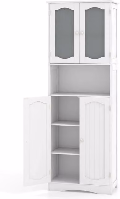Mobile contenitore moderno in MDF bianco con 2 ante in vetro satinato e ripiani regolabili L/P/H: 60 x 30 x 164 cm