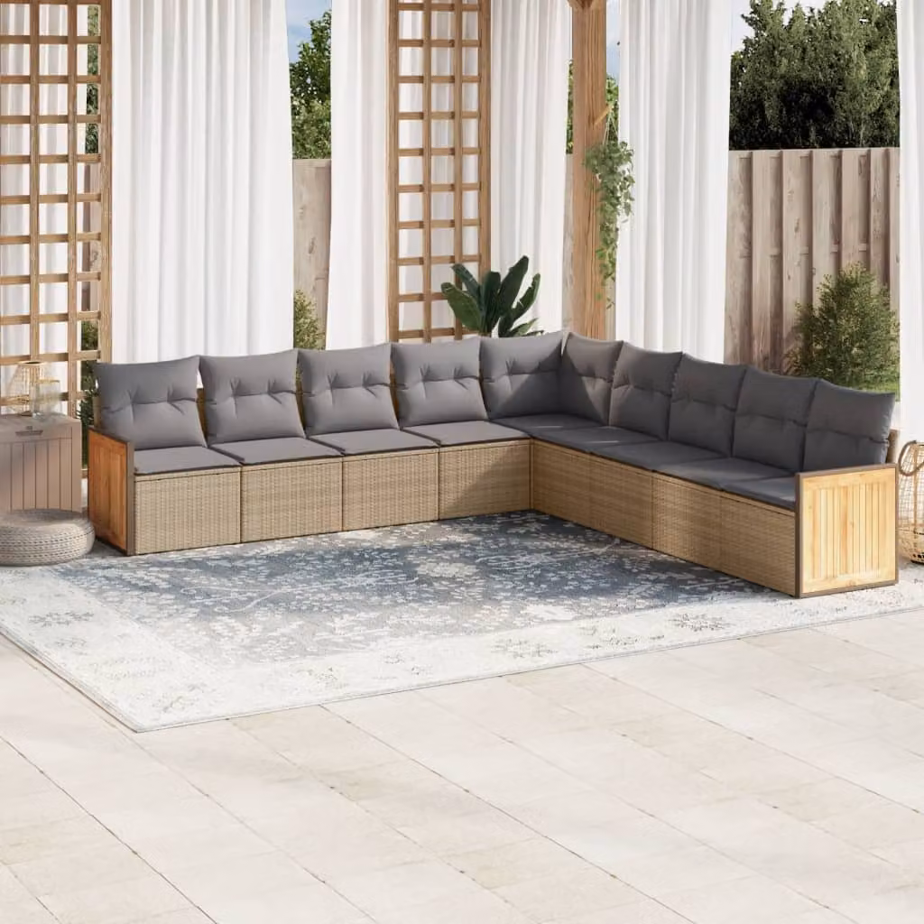 vidaXL Set Divano da Giardino a L 9 pz con Cuscini Beige e Struttura in Legno di Acacia e Metallo – 1