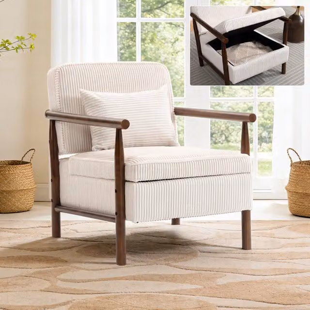 Poltrona OKWISH in velluto bianco con vano contenitore e cuscino lombare e struttura in legno massiccio per soggiorno e camera da letto