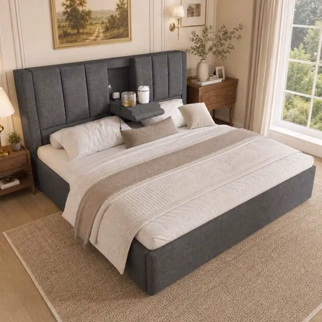 Letto Contenitore REDOM in Tessuto Grigio con Porte USB e Base a Sollevamento L/P/H: 180 x 200 x 115 cm