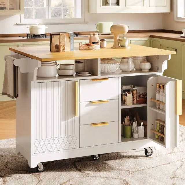 Desviae Carrello da cucina con piano ribaltabile su entrambi i lati 3 cassetti e ripiani regolabili in MDF bianco su ruote