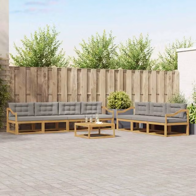 Set di divani da esterno a forma di U con tavolino vidaXL in legno di acacia, 7 pezzi, Bianco e Grigio – 1