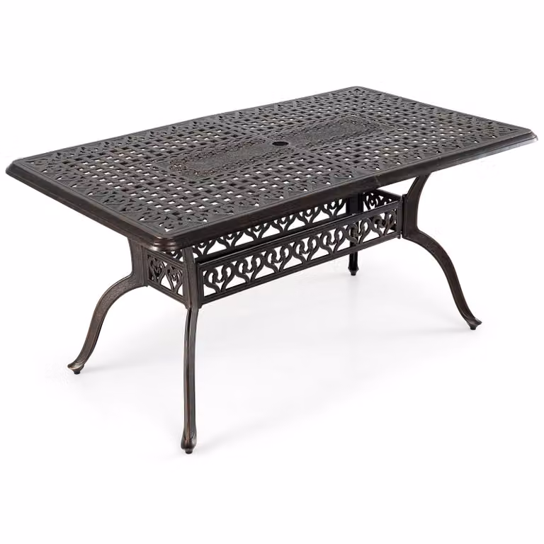 Tavolo da giardino COSTWAY 150x90 cm, tavolo da terrazza in fusione di alluminio con foro per ombrellone, tavolo rettangolare da balcone per 6 persone, tavolo da pranzo per giardino e balcone