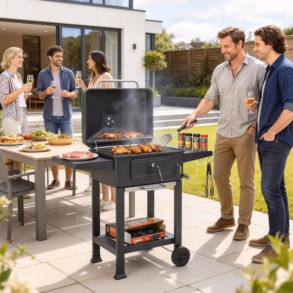 Barbecue a carbone Giordanoshop nero con affumicatore portatile, termometro, griglia riscaldante e mensole in acciaio, L: 112 cm, P: 63 cm, H: 101,5 cm – 2