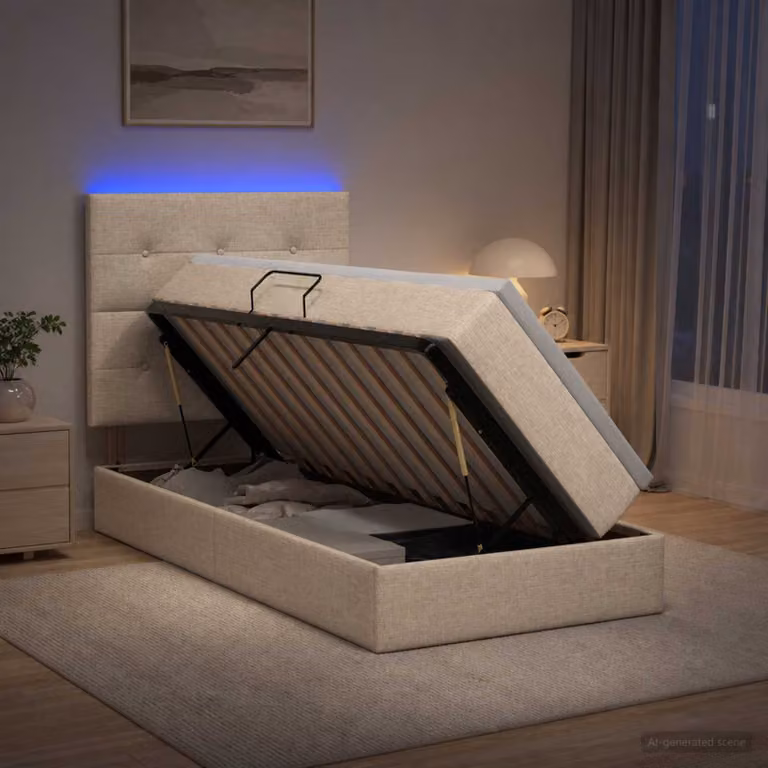 Letto con contenitore vidaXL beige con illuminazione LED, porta USB e materasso in schiuma, L/P/H: 100 x 200 x 45 cm