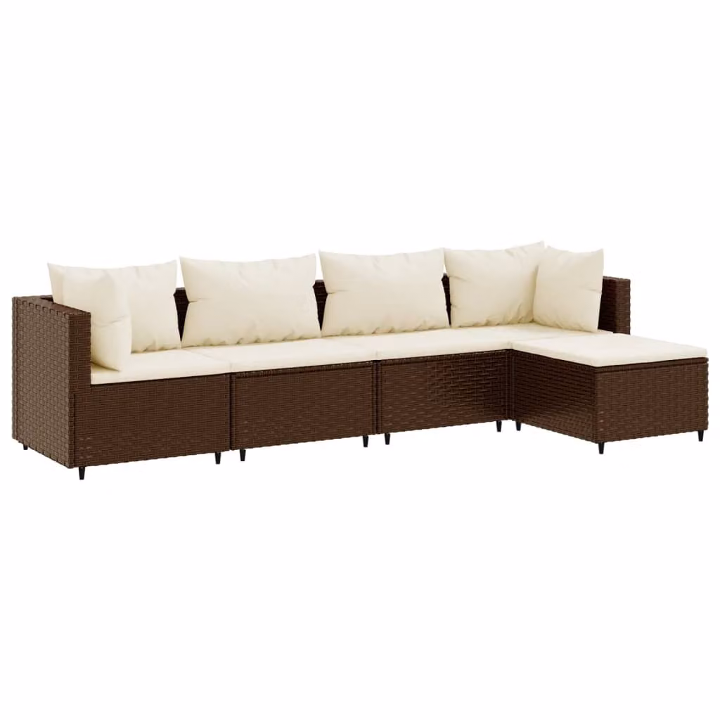 Set Divani da Giardino 5 pz con Cuscini Marrone in Polyrattan