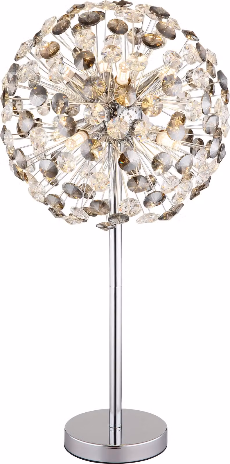 Lampada da tavolo Globo, struttura in metallo cromato, cristalli K9 fumé e trasparenti, cavo in PVC trasparente, interruttore a levetta sul cavo, diametro: 350 mm, altezza: 650 mm, lunghezza del cavo: 1500 mm, include 8 lampadine LED G9 da 3,5W a 230V, 35
