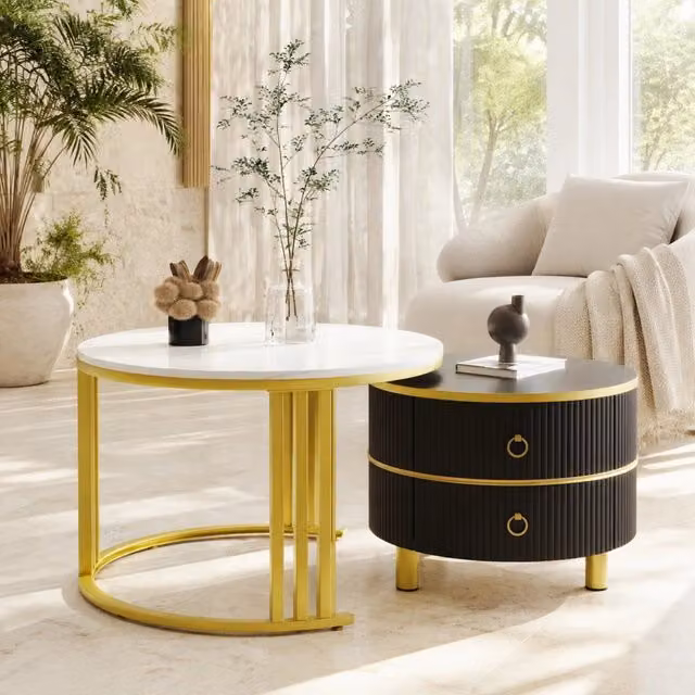 Set di 2 tavolini da caffè rotondi MODFU con piano effetto marmo e finitura lucida in nero e bianco – 1