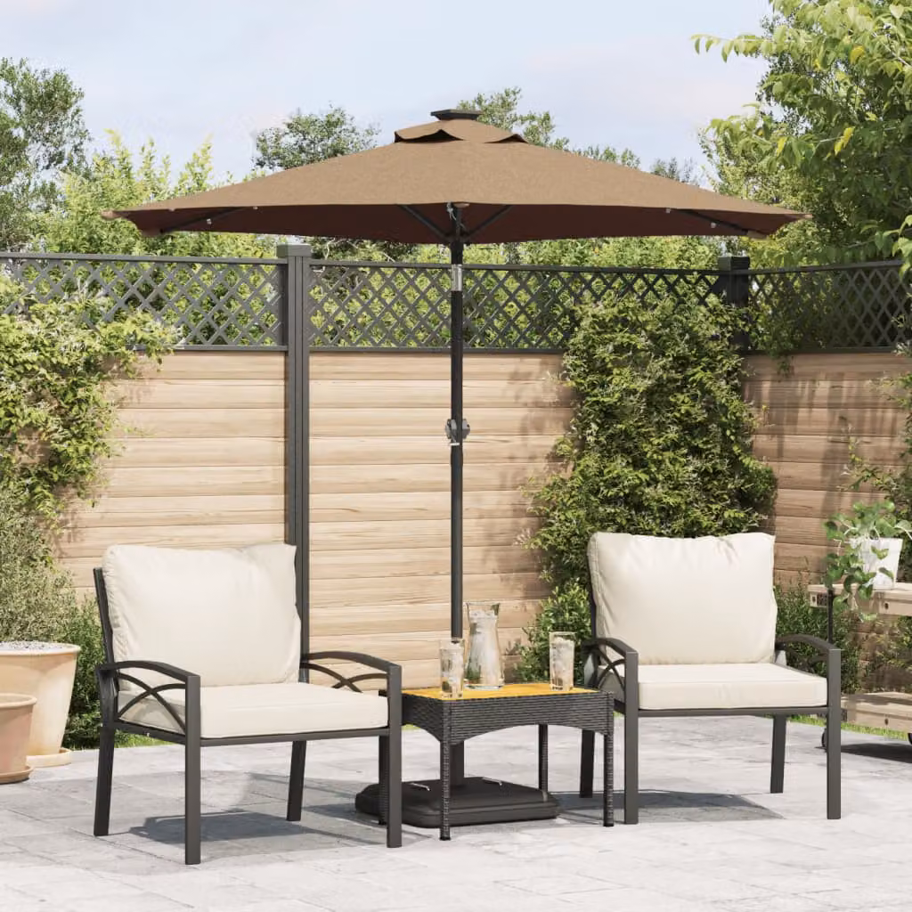 Ombrellone da giardino vidaXL con LED, palo in acciaio e copertura in poliestere, colore tortora, L 225 x P 225 x H 212 cm