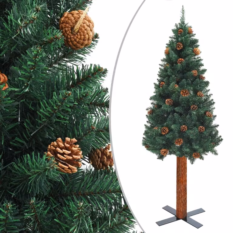 The Living Store Albero di Natale sottile con legno vero e pigne verde 180 cm PVC