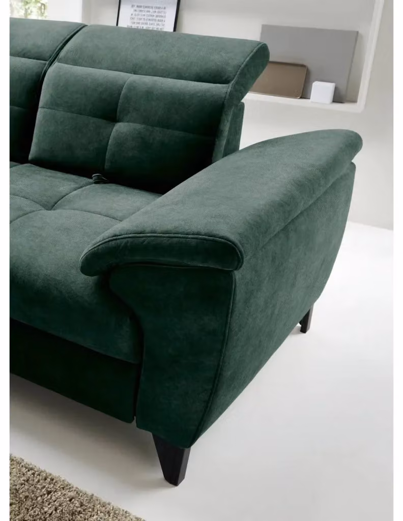Divano ad angolo 5 posti MEUBLORAMA modello Dauphin con angolo sinistro, colore verde e nero, con funzione letto e poggiatesta regolabile, L/P/H: 297 x 197 x 107 cm – 2