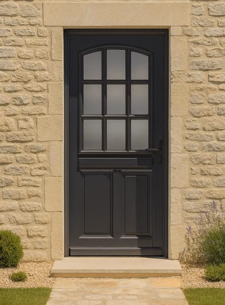 Porta d'ingresso in legno con vetrata Alicia grigio antracite, H.215xL.90 cm, lato tavolo a sinistra, maniglia, cilindro grande, ferramenta