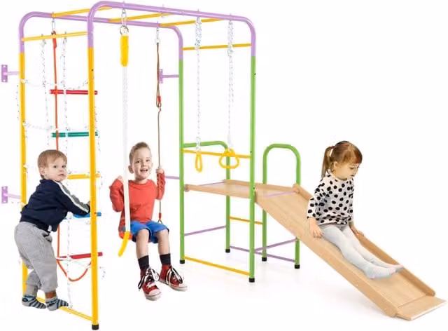 Playset da arrampicata 8 in 1 con barre parco giochi da interno anelli ginnici, Set giocattoli scivolo per bambini regalo per et¨¤ 3+